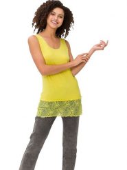 Heine Top w kolorze żółtym rozmiar: 42. Żółte topy Heine, bez wzorów, z koronki, bez kołnierzyka, bez ramiączek. Za 43.57 zł.