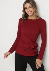 Bordowa Bluzka Ozdobiona Wiązaniem Esterea. Czerwone bluzki Born2be, s, bez wzorów, z jeansu, eleganckie, bez kołnierzyka, bez ramiączek. Za 79.99 zł.