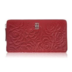 Portfel damski skórzany w kwiaty czerwony z metalowym logo Paolo Peruzzi AL-13-RD. Czerwone portfele PAOLO PERUZZI, bez wzorów, ze skóry. Za 89.00 zł.