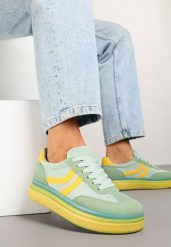 Zielono-Żółte Sneakersy Typu Kultowe Tenisówki na Niskiej Platformie Olritia. Zielone obuwie sportowe Renee, z jeansu, bez zapięcia, tenisowe. Za 79.99 zł.