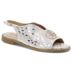 Sandały damskie S. Barski, skórzane na płaskim obcasie we wzorki na płaskim obcasie, srebrne, KV51-094. Szare sandały S.BARSKI, z aplikacjami, eleganckie, bez obcasa, na płaskiej podeszwie, bez zapięcia. Za 149.00 zł.