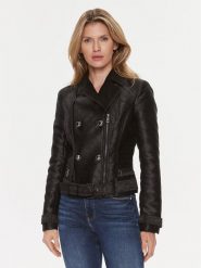 Guess Kurtka z imitacji skóry Olivia Moto Jacket W3YL25 WFIR2 Czarny Regular Fit. Czarne kurtki Guess, xs, z aplikacjami, ze skóry, bez kaptura. Za 529.99 zł.