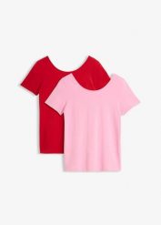 T-shirt z głębokim dekoltem na plecach (2 szt.). Czarne t-shirty bonprix, bez wzorów, bez kołnierzyka, bez ramiączek. Za 55.98 zł.