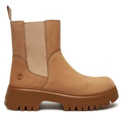 Sztyblety Timberland. Brązowe botki Timberland, bez wzorów, bez obcasa, na płaskiej podeszwie, bez zapięcia. Za 749.99 zł.