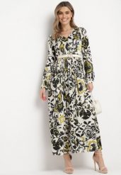 Zielona Satynowa Sukienka Maxi w Ornamentalny Wzór z Gumką w Talii Lainare. Zielone sukienki Born2be, na co dzień, l, bez wzorów, z satyny, bez kołnierzyka, bez ramiączek, maxi, proste. Za 159.99 zł.