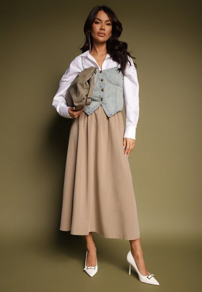 Beżowa Spódnica z Wiskozą o Rozkloszowanym Kroju Kenneira. Brązowe spódnice Renee, na co dzień, m, bez wzorów, z jedwabiu, eleganckie, maxi, koszulowe. Za 89.99 zł.