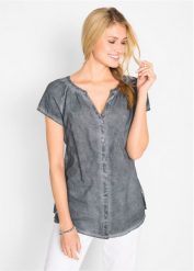 "Bluzka bawełniana ""cold-dyed"", krótki rękaw, ze zrównoważonej bawełny". Szare bluzki bonprix, bez wzorów, z bawełny, bez kołnierzyka, bez ramiączek. Za 79.99 zł.