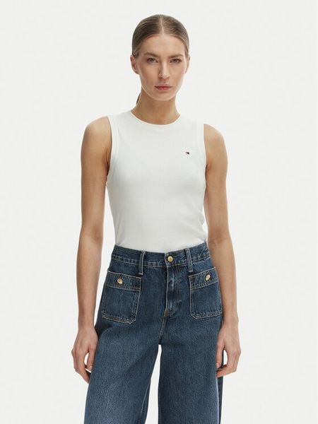 Tommy Hilfiger Top WW0WW47806 Écru Slim Fit. Białe topy TOMMY HILFIGER, l, bez wzorów, z bawełny, bez kołnierzyka, bez ramiączek. Za 96.99 zł.