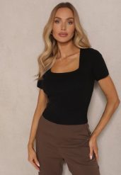 Czarna Bluzka z Modalem Wiskozą i Kwadratowym Dekoltem Sanelora. Czarne bluzki Renee, m, bez wzorów, z jeansu, eleganckie, bez kołnierzyka, bez ramiączek. W wyprzedaży za 69.99 zł.