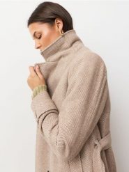Wiązany płaszcz z domieszką wełny i wiskozy - beżowy. Brązowe płaszcze Sinsay, l, bez wzorów, z wełny, bez kaptura. Za 139.99 zł.