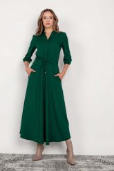 Długa Sukienka Odcinana w Pasie - Zielona. Zielone sukienki Lanti, l, bez wzorów, z materiału, wizytowe, bez kołnierzyka, bez ramiączek, maxi. Za 349.90 zł.