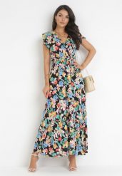 Czarno-Niebieska Rozkloszowana Sukienka z Gumką w Talii i Kopertowym Dekoltem Aminetta. Czarne sukienki Born2be, na imprezę, l, z aplikacjami, z materiału, bez kołnierzyka, bez ramiączek, maxi, kopertowe. Za 89.99 zł.