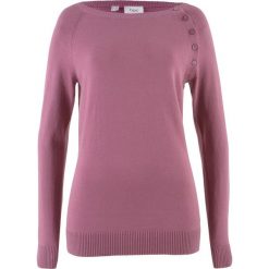 Sweter z plisą guzikową bonprix matowy jeżynowy. Fioletowe swetry bonprix, bez wzorów, z dzianiny, bez ramiączek. Za 74.99 zł.