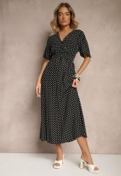 Czarna Sukienka z Bawełną i Kopertowym Dekoltem ze Wzorem w Kropki Ldivona. Czarne sukienki Renee, na co dzień, na lato, l, bez wzorów, z bawełny, eleganckie, bez kołnierzyka, bez ramiączek, maxi, kopertowe. Za 49.99 zł.