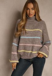 Beżowy Golf z Wełną w Paski Monallesa. Brązowe golfy Renee, bez wzorów, z jeansu, bez ramiączek. Za 169.99 zł.