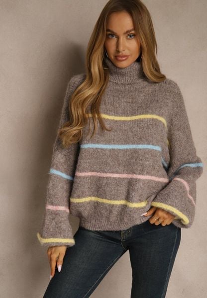 Beżowy Golf z Wełną w Paski Monallesa. Brązowe golfy Renee, bez wzorów, z jeansu, bez ramiączek. Za 169.99 zł.