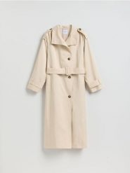 Trencz z bawełną - beżowy. Brązowe płaszcze Reserved, l, bez wzorów, z bawełny, bez kaptura. Za 329.99 zł.