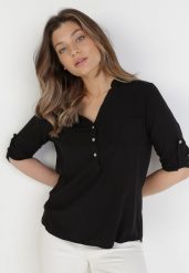 Czarna Bluzka Fiber. Czarne bluzki Born2be, s, bez wzorów, z jeansu, bez kołnierzyka, bez ramiączek. W wyprzedaży za 48.99 zł.
