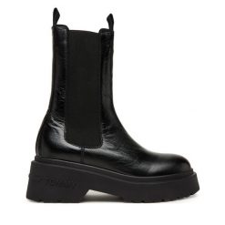 Sztyblety Tommy Jeans. Czarne botki Tommy Jeans, bez wzorów, z jeansu, bez obcasa, na płaskiej podeszwie, bez zapięcia. Za 799.99 zł.