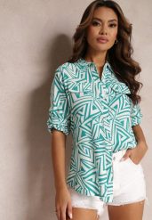 Zielono-Biała Koszula z Wiskozy w Geometryczny Print Jacelyn. Zielone koszule Renee, l, bez wzorów, z jeansu, eleganckie, bez kołnierzyka, bez ramiączek. Za 49.99 zł.