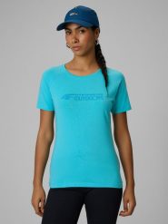 4F T-shirt slim z nadrukiem damski - turkusowy XS. Niebieskie t-shirty 4f, l, bez wzorów, z materiału, bez kołnierzyka, bez ramiączek. Za 49.99 zł.