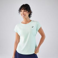Koszulka tenisowa z okrągłym dekoltem damska Artengo Dry. Niebieskie bluzki KUIKMA, xl, bez wzorów, z elastanu, sportowe, bez kołnierzyka, bez ramiączek. Za 59.99 zł.