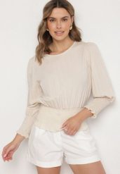 Jasnobeżowa Bluzka z Wiskozą i Ściągaczami Velio. Brązowe bluzki Born2be, uniwersalny, bez wzorów, z jeansu, eleganckie, bez kołnierzyka, bez ramiączek. W wyprzedaży za 59.49 zł.