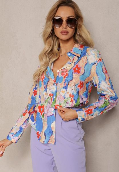 Niebiesko-Beżowa Koszula z Bawełny z Abstrakcyjnym Printem z Kwiatami i Długim Rękawem Silwina. Niebieskie koszule Renee, l, bez wzorów, z bawełny, biznesowe, bez kołnierzyka, bez ramiączek. Za 109.99 zł.