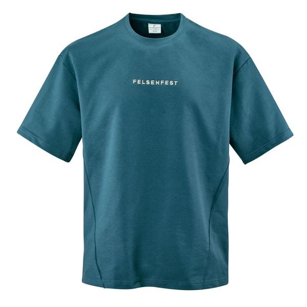 Koszulka boulderingowa Oversized Volumes. Niebieskie bluzki FELSENFEST, bez wzorów, z bawełny, sportowe, bez kołnierzyka, bez ramiączek. Za 159.99 zł.