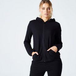 Bluza na zamek damska Domyos Gym & Pilates 100. Czarne bluzy DOMYOS, xs, bez wzorów, z bawełny, bez kaptura. Za 69.99 zł.
