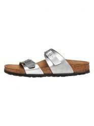 Birkenstock Klapki "Sydney" w kolorze srebrnym rozmiar: 35. Szare klapki Birkenstock, bez wzorów, z otwartym noskiem, bez obcasa. Za 209.45 zł.