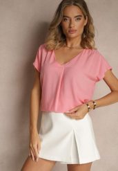 Różowa Bluzka z Wiskozy z Trójkątnym Dekoltem Tilimira. Czerwone bluzki Renee, l, bez wzorów, z jeansu, eleganckie, bez kołnierzyka, bez ramiączek. W wyprzedaży za 62.99 zł.