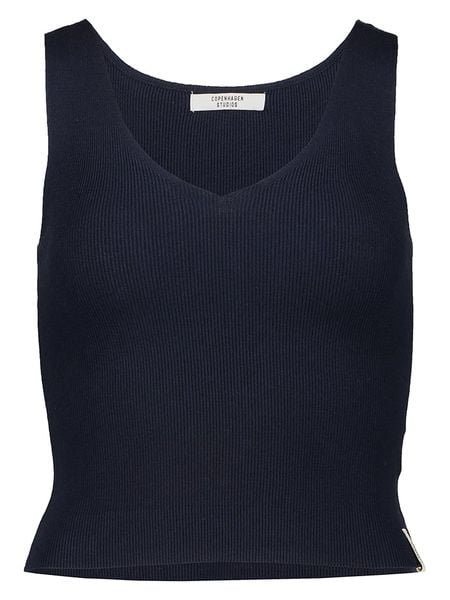 Copenhagen Studios Top w kolorze granatowym rozmiar: 36. Niebieskie topy Copenhagen Studios, bez wzorów, prążkowane, bez kołnierzyka, bez ramiączek. Za 52.55 zł.