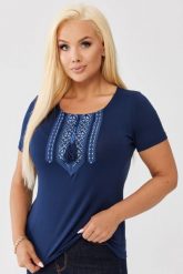 Bawełniana granatowa bluzka z haftem przy dekolcie OVERSIZE PLUS SIZE WIOSNA LATO. Białe bluzki Moda Size Plus Iwanek, l, bez wzorów, z bawełny, biznesowe, bez kołnierzyka, plus size, bez ramiączek. Za 129.90 zł.