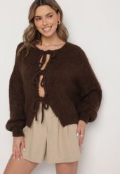 Brązowy Kardigan Oversize z Wełną Zdobiony Kokardkami Eleathalie. Brązowe kardigany Born2be, z aplikacjami, z wełny. Za 129.99 zł.