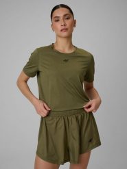 4F Crop top treningowy slim szybkoschnący damski - oliwkowy XL. Brązowe koszulki sportowe 4f, bez wzorów, bez ramiączek, na fitness i siłownię. Za 119.99 zł.