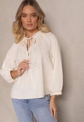 Beżowa Haftowana Bluzka z Bawełny z Wiązaniem Emvivia. Brązowe bluzki Renee, m, bez wzorów, z bawełny, eleganckie, bez kołnierzyka, bez ramiączek. W wyprzedaży za 90.99 zł.