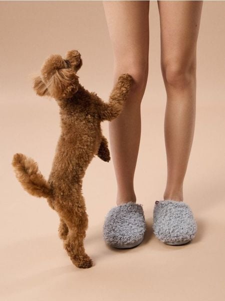 Kapcie z imitacji baranka - szary. Szare obuwie domowe Sinsay, bez wzorów, bez zapięcia. Za 29.99 zł.