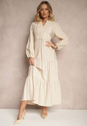 Jasnobeżowa Rozkloszowana Sukienka z Wiskozy w Stylu Boho z Koronką i Gumką Gonalien. Brązowe sukienki Renee, na co dzień, na lato, l, bez wzorów, z koronki, boho, bez kołnierzyka, bez ramiączek, maxi, rozkloszowane. Za 109.99 zł.
