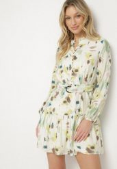 Zielona Rozkloszowana Sukienka z Wiskozy z Paskiem w Abstrakcyjny Wzór Stelitte. Zielone sukienki Born2be, na co dzień, l, bez wzorów, z jeansu, eleganckie, bez kołnierzyka, bez ramiączek, mini, rozkloszowane. Za 129.99 zł.