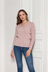 Sweter w Serek z Dzianiny w Prążek - Różowy. Czerwone swetry Lanti, l, bez wzorów, z dzianiny, bez ramiączek. Za 229.90 zł.