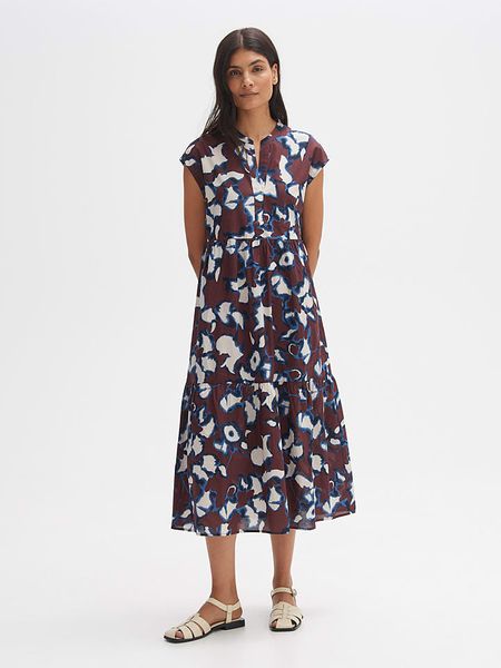 OPUS Sukienka w kolorze bordowo-niebiesko-kremowym rozmiar: 36. Brązowe sukienki Opus, bez wzorów, z bawełny, bez kołnierzyka, bez ramiączek, midi, rozkloszowane. Za 144.58 zł.