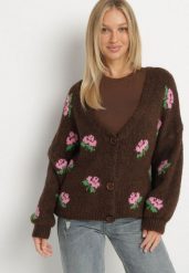 Brązowy Kardigan Oversize z Domieszką Wełny w Kwiatowy Wzór Nelenea. Brązowe kardigany Born2be, bez wzorów, z jeansu. Za 169.99 zł.