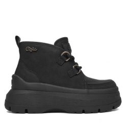 Botki Buffalo. Czarne botki Buffalo, bez wzorów, bez obcasa, na płaskiej podeszwie, bez zapięcia. Za 399.99 zł.