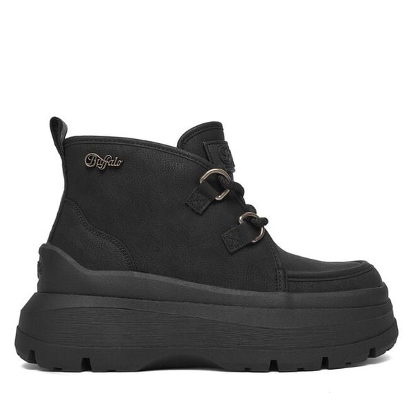 Botki Buffalo. Czarne botki Buffalo, bez wzorów, bez obcasa, na płaskiej podeszwie, bez zapięcia. Za 319.99 zł.