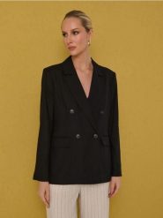 Wiskozowa marynarka dwurzędowa regular fit z domieszką lnu - czarny. Czarne marynarki i żakiety Sinsay, l, bez wzorów, z wiskozy. Za 79.99 zł.