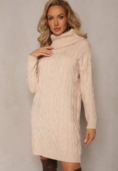 Beżowa Mini Sukienka ze Sweterkowej Dzianiny z Szerokim Golfem i Ściągaczami Jilenma. Brązowe sukienki Renee, na jesień, m, bez wzorów, z dzianiny, bez kołnierzyka, bez ramiączek, mini. Za 99.99 zł.