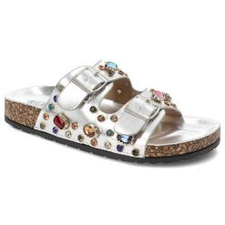 Srebrne Klapki S.Barski Eleganckie Obuwie Damskie Z Kryształkami. Szare klapki S.BARSKI, bez wzorów, bez obcasa. Za 119.00 zł.