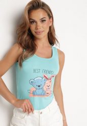 Jasnoniebieski Top z Elastycznej Bawełny z Uroczym Nadrukiem z Przodu Iviolia. Niebieskie topy Born2be, m, bez wzorów, z bawełny, bez kołnierzyka, bez ramiączek. Za 29.99 zł.