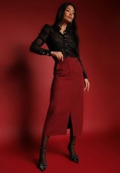 Bordowa Spódnica Ołówkowa z Wiskozą High Waist z Rozcięciem Semivinia. Czerwone spódnice Renee, na co dzień, s, bez wzorów, z wiskozy, eleganckie, midi, ołówkowe. Za 64.99 zł.